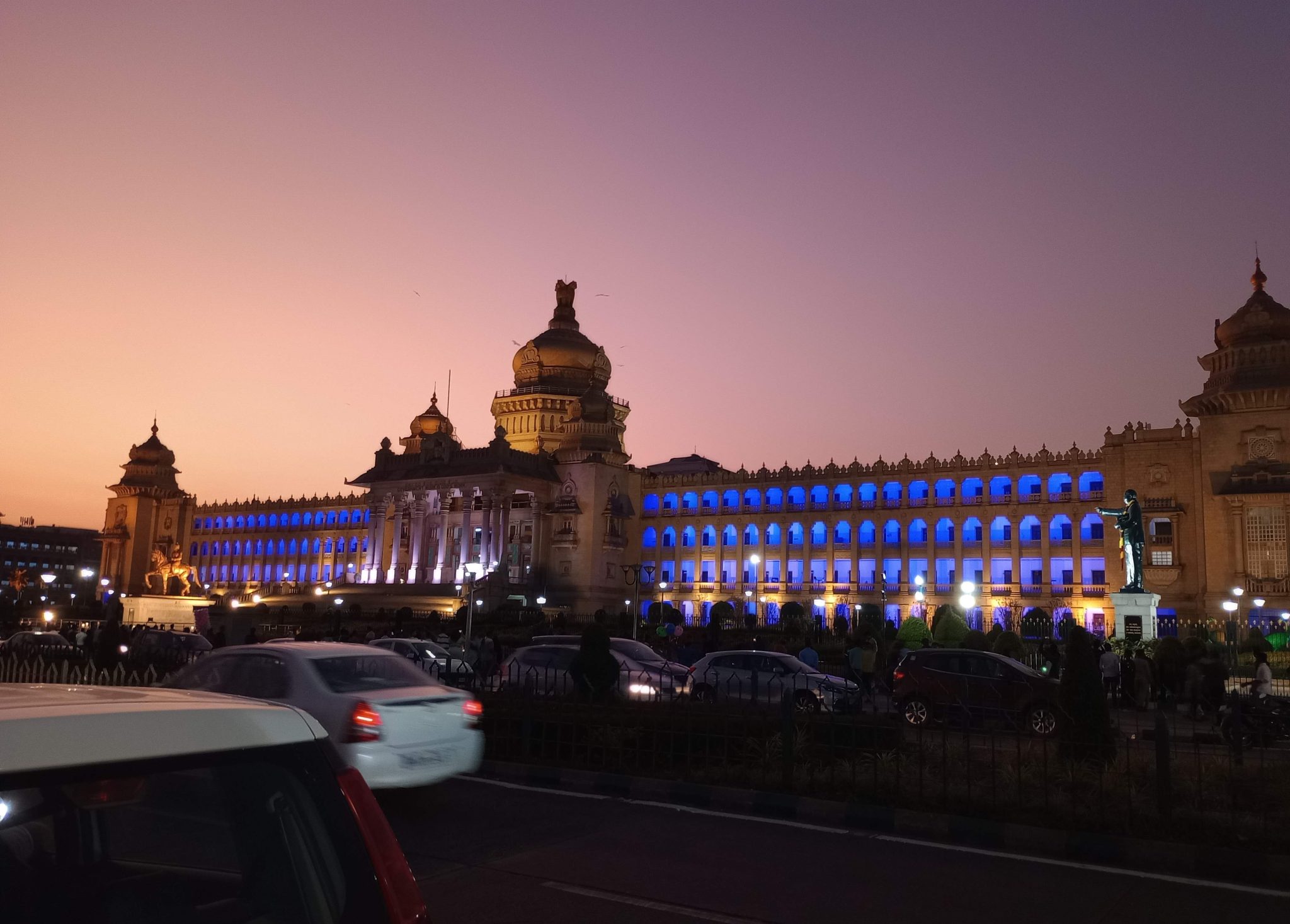 Vidhana Saudha, Bangalore's assembly house, lit up at dusk.
