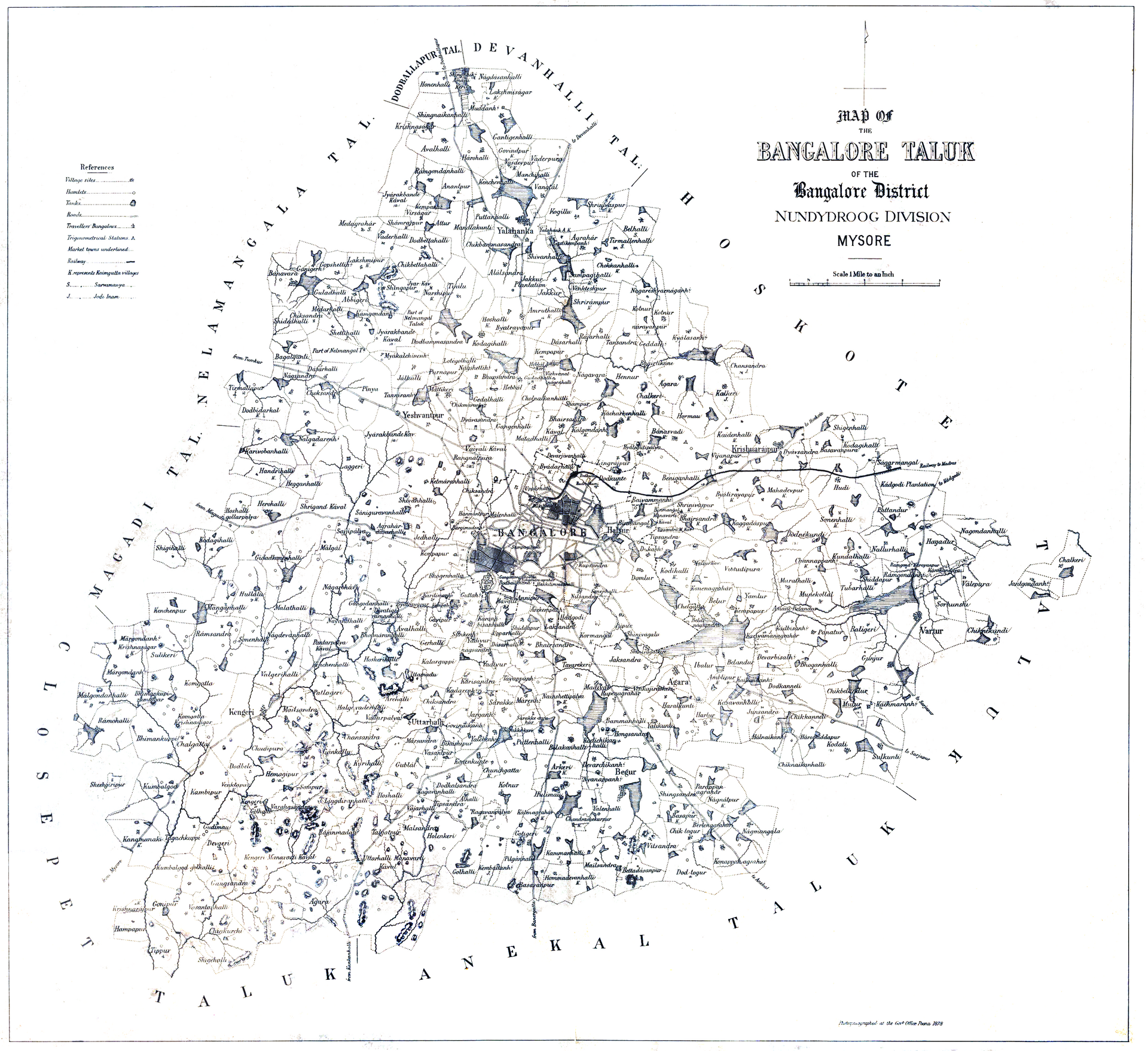 Photozincographed map of Bangalore taluk, surveyed in 1878.